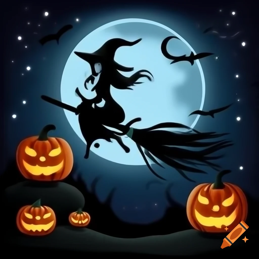 Halloween witch silhouette flying on broom past moon with pumpkins in starry night style