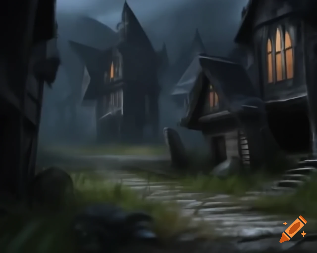 Dark abandoned medieval village illuminated at night