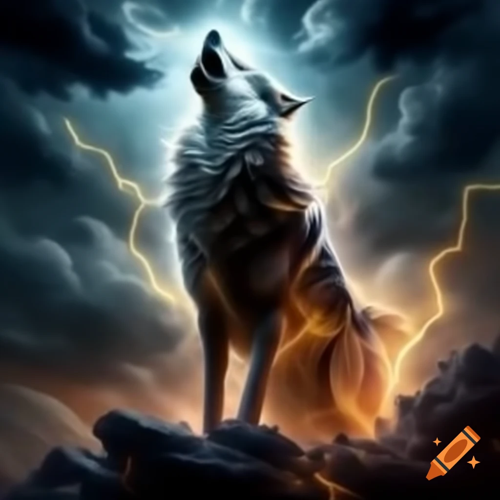 Majestic wolf illuminated by lightning against swirling gray clouds