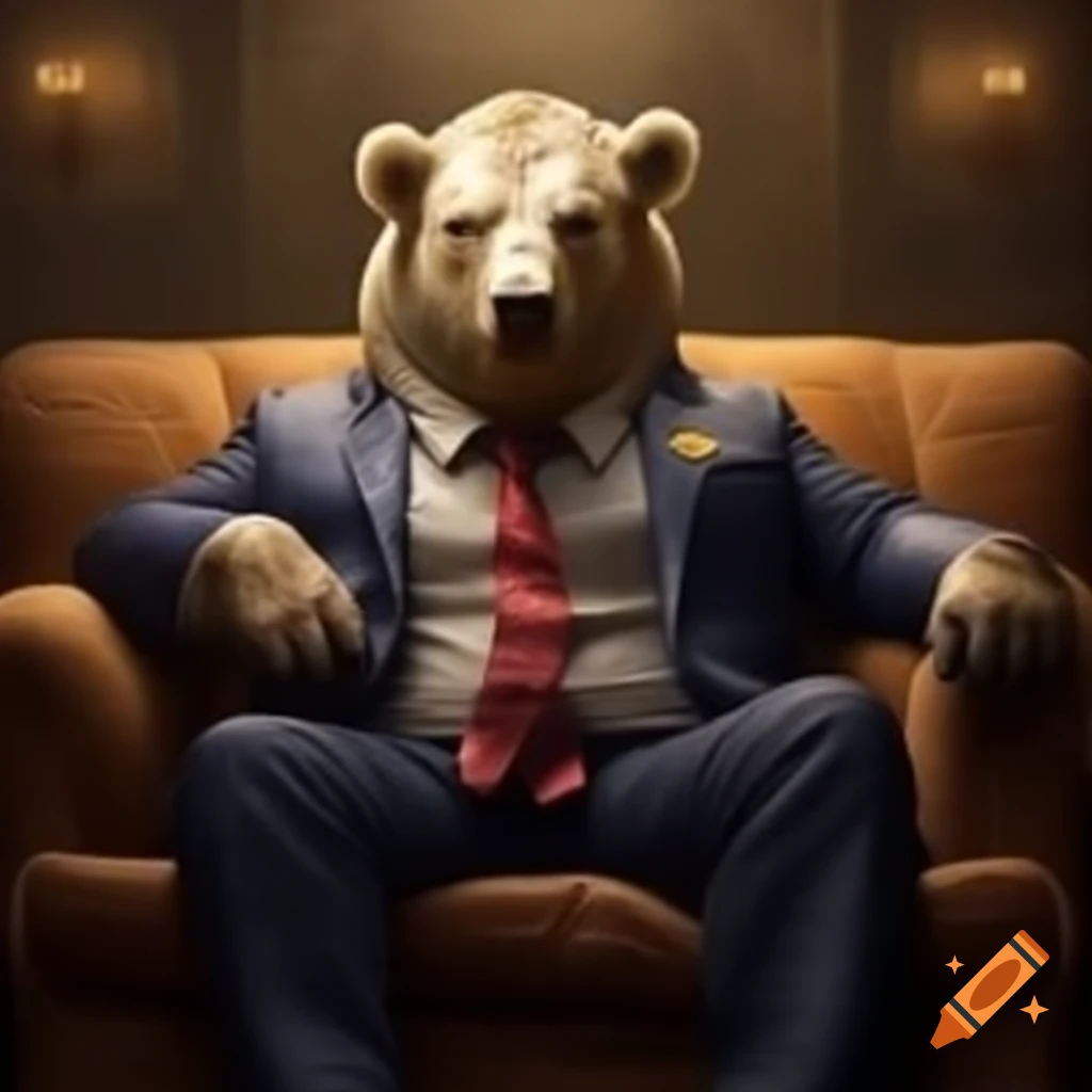 Bull and bear in suits sitting on a king size sofa, same size