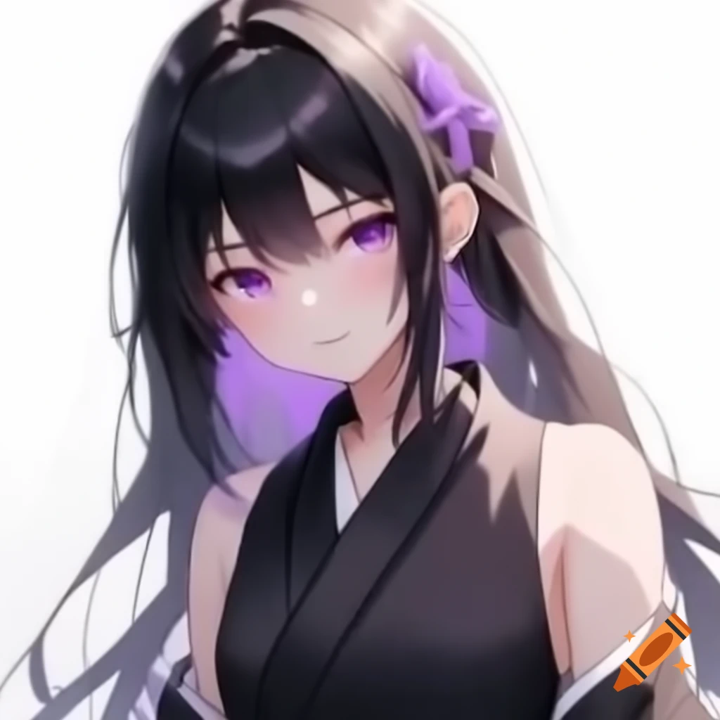 Anime girl with black hair in ponytail and purple eyes wearing black robes against white background