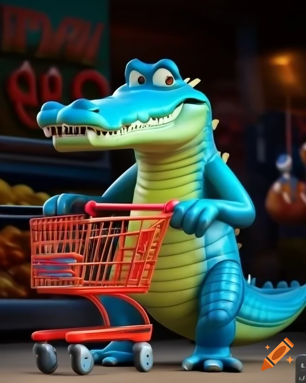 Sky blue crocodile shopping with cart in Walmart, Disney Pixar 3D animation style