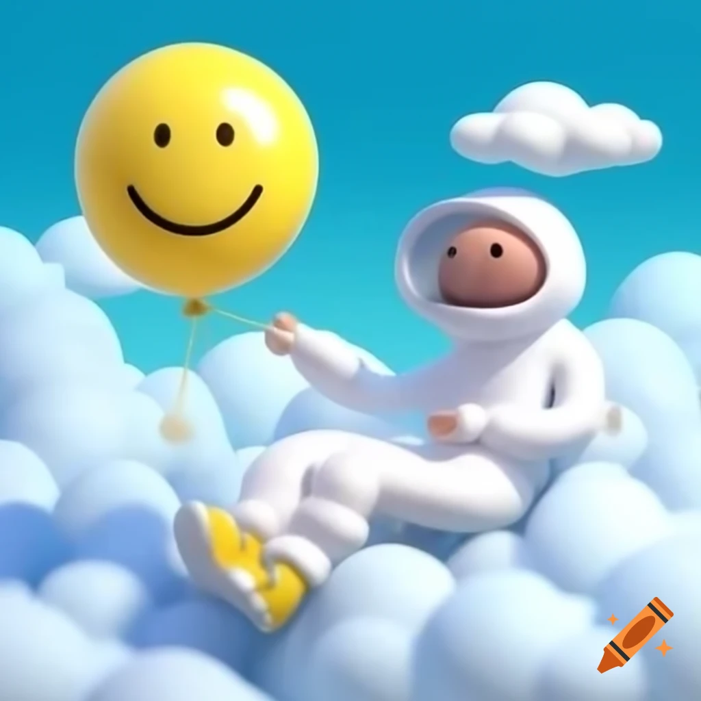Rapper in clouds wearing hazmat suit, holding yellow balloon and contemplating life