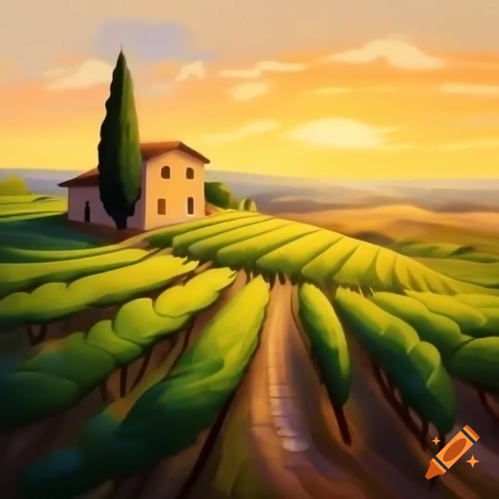 Warm textured painting of small house on hill in Tuscany vineyards at sunset