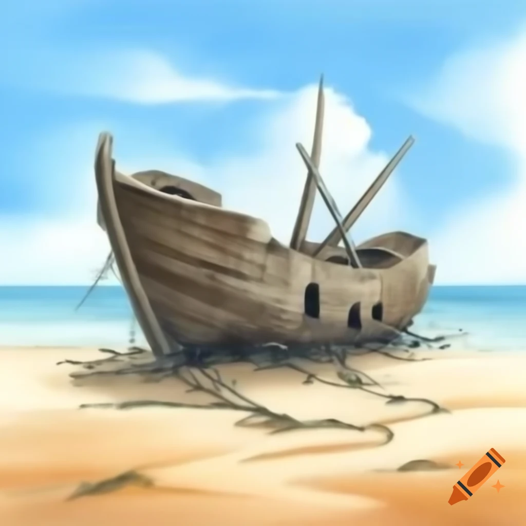 Wooden shipwreck partially buried in sand on beach, watercolor style
