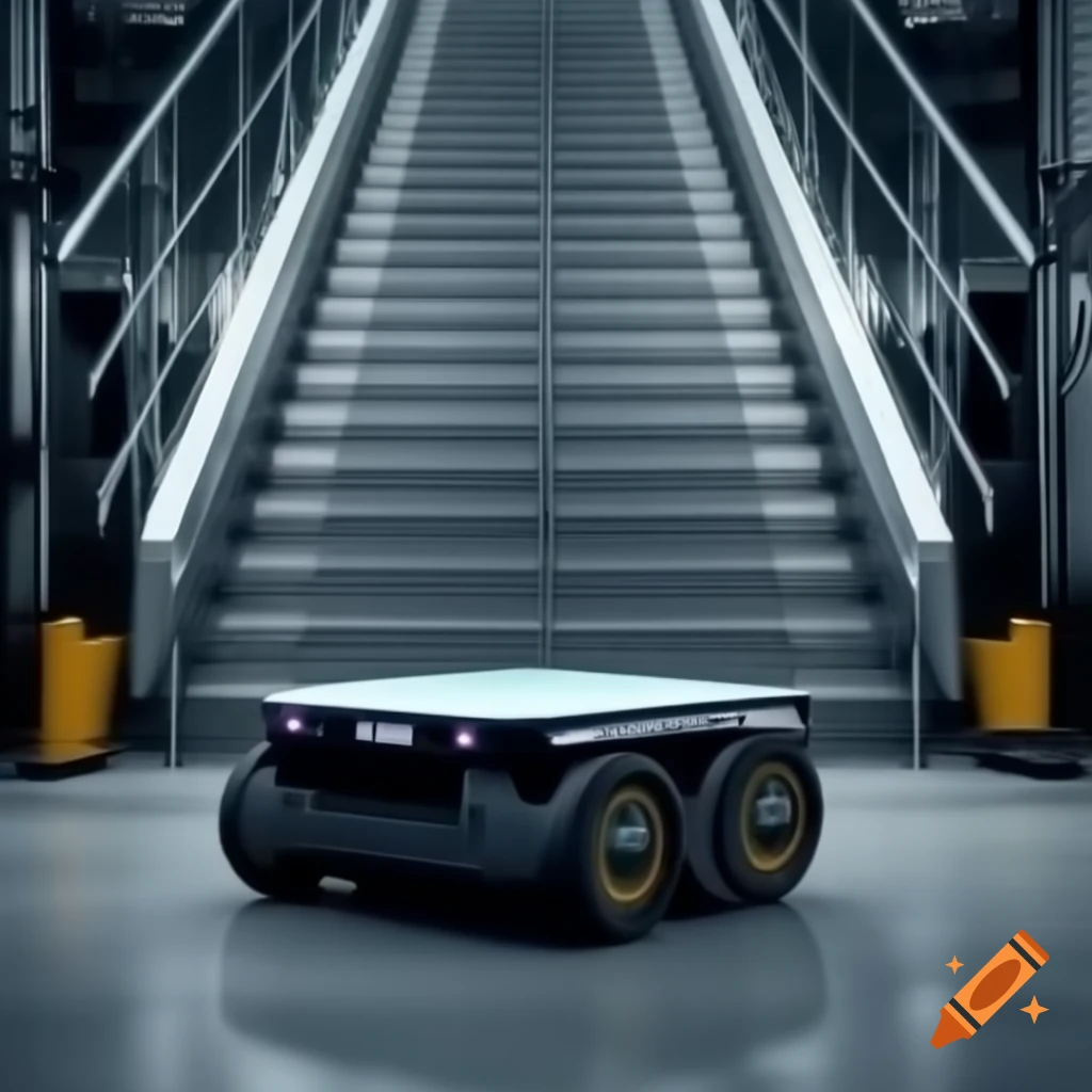 Wheeled robot platform in front of stairs in large factory setting