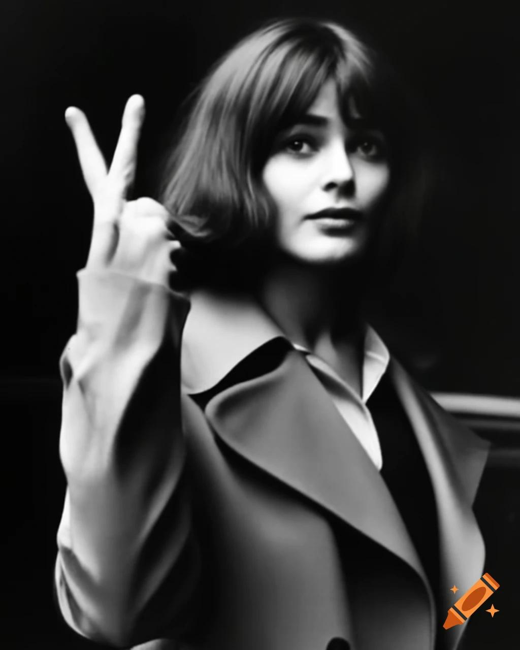 Vintage paparazzi photo of Parisian actress making peace sign in street, 1990