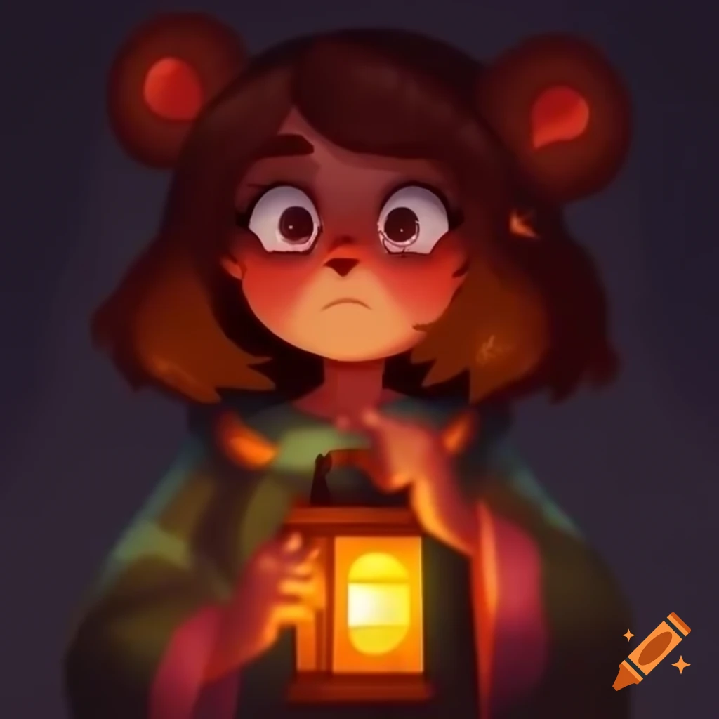 Pixel art portrait of confident girl with bear ears holding lantern in autumn colors
