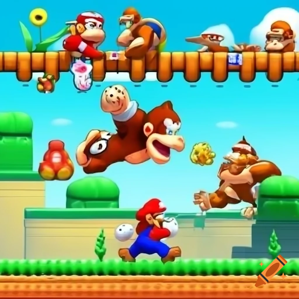 Mario battling Donkey Kong in a retro gaming style