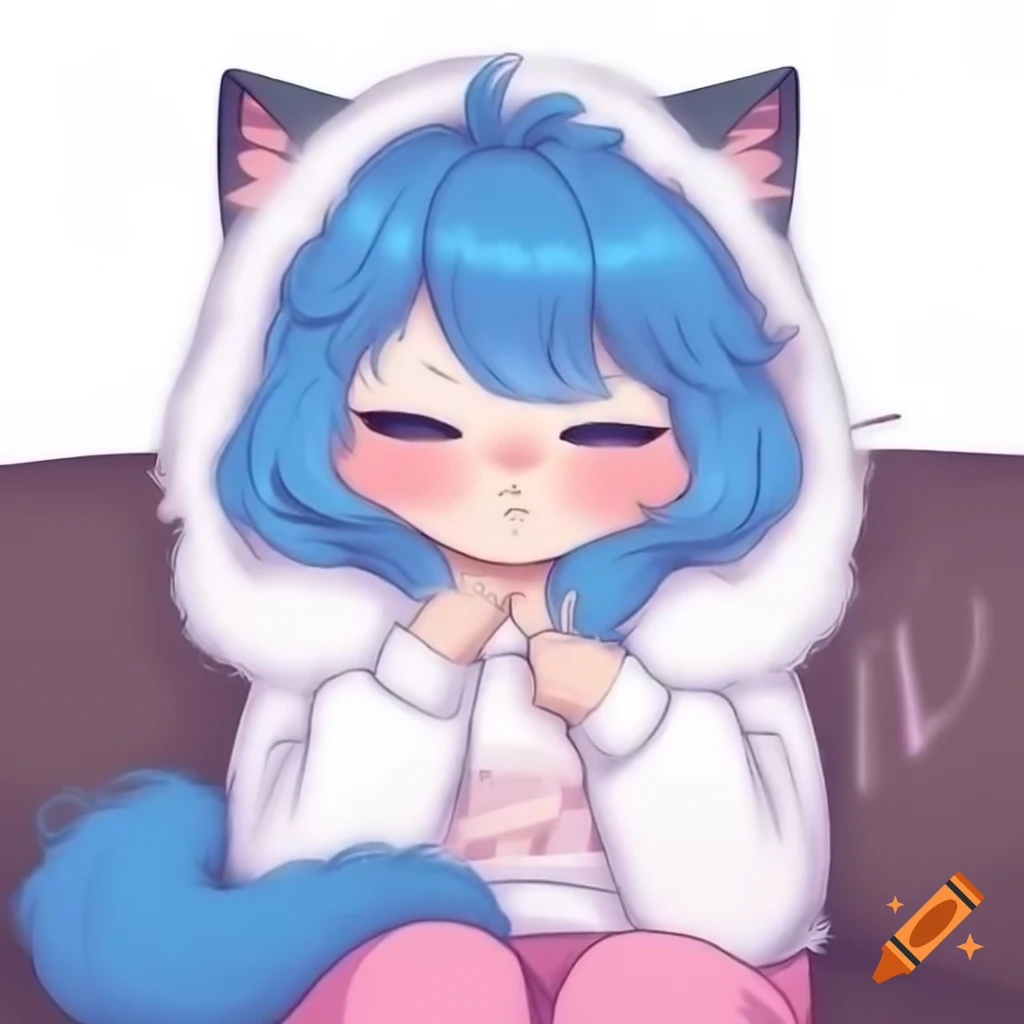 Cat girl with blue hair in fluffy hoodie and pink sweatpants drawing on couch