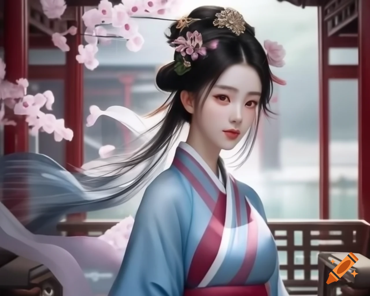 Portrait of elegant Chinese woman in Hanfu with plum blossom embroidery in classical courtyard