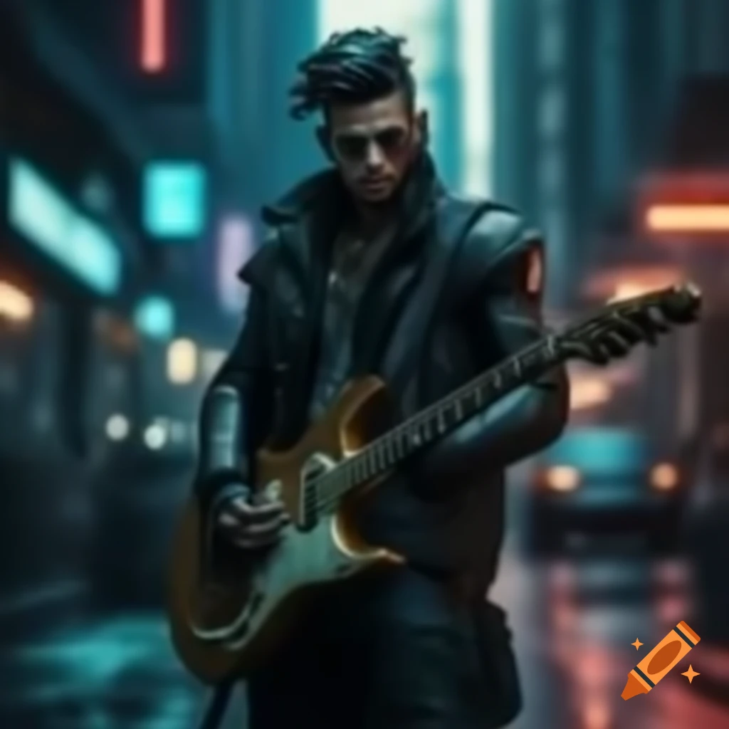 Cyberpunk rockerboy playing guitar on city streets