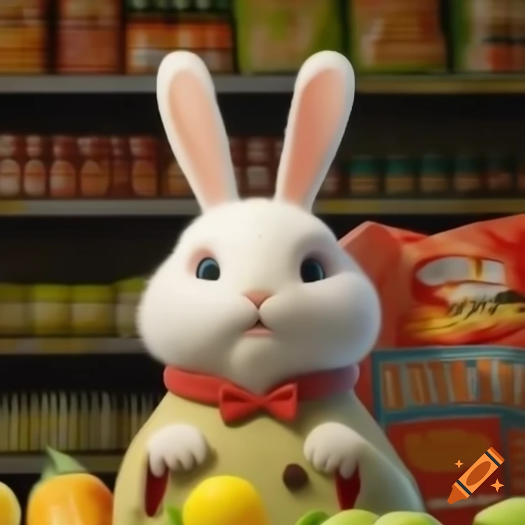 Anime-style rabbit character as grocery store owner with mom and baby theme