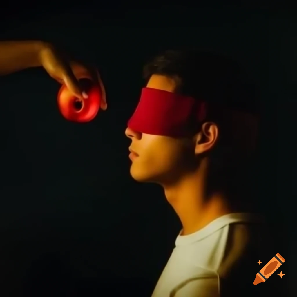 Dramatic portrait of man with blindfold and apple, handgun aimed at his head
