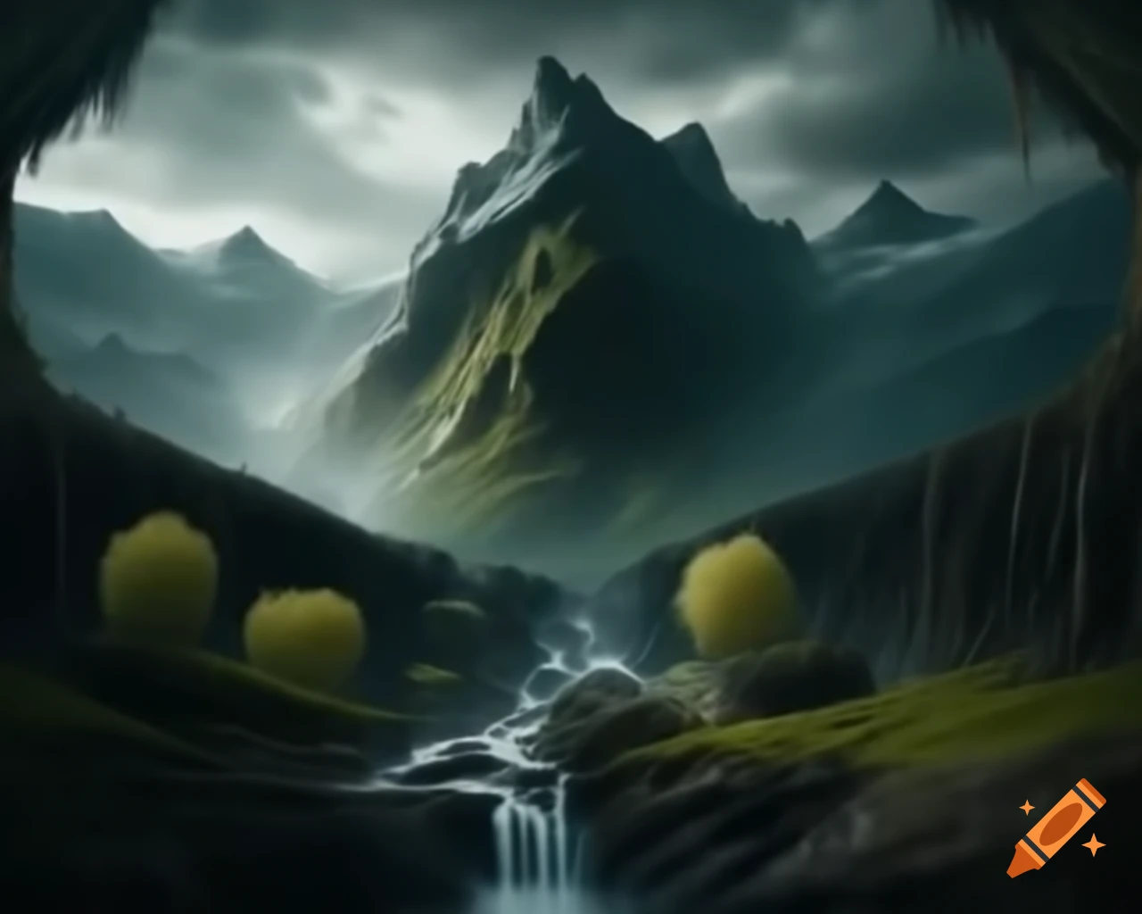 Mountain range with waterfalls and willow trees in gloomy atmosphere