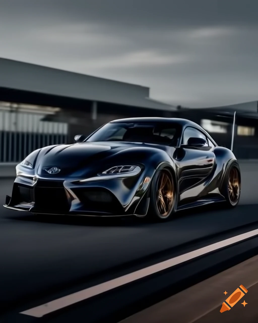 Black Toyota Supra alongside Nissan Skyline in Blade Runner setting