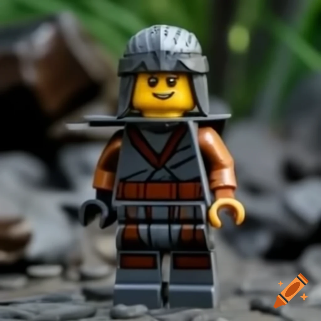 Lego ninja in gray and brown suit wielding rock powers