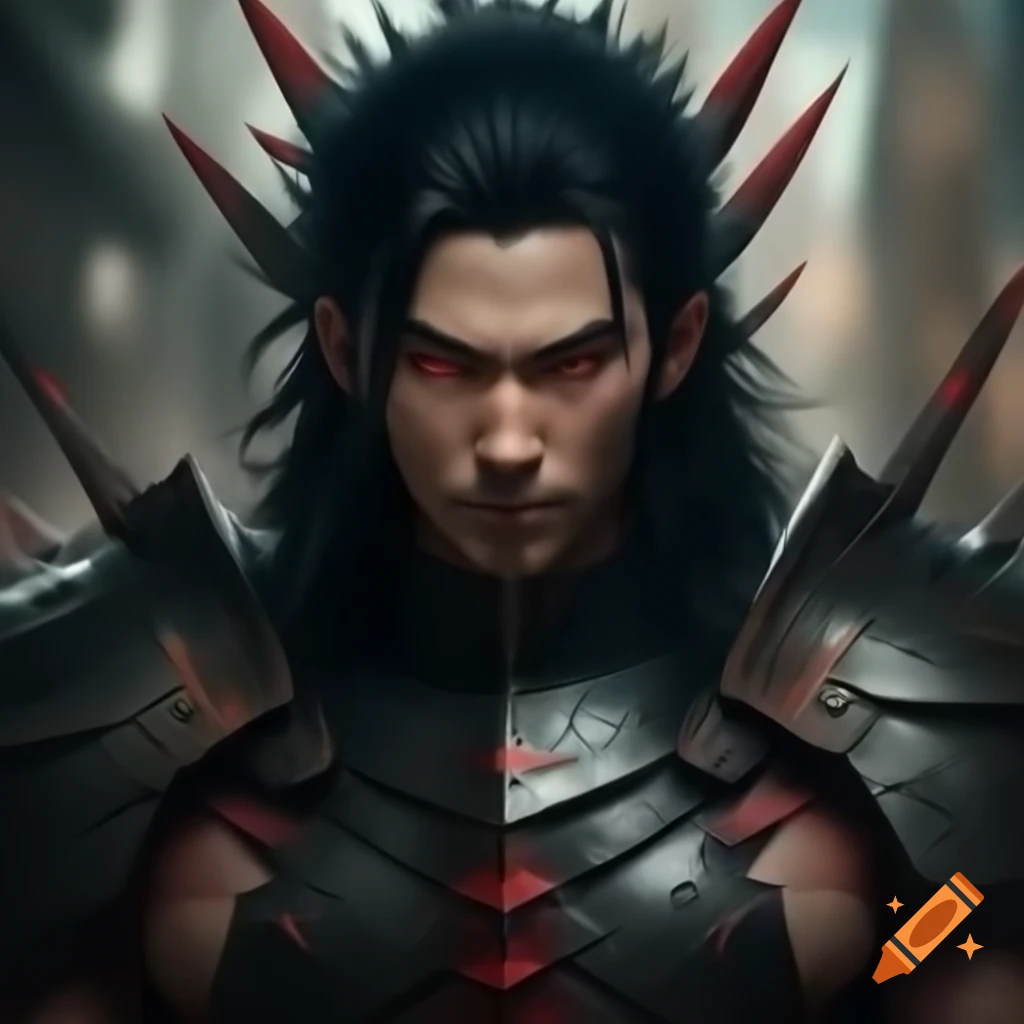 Muscular male in black spiked plate armor wielding a two-handed sword