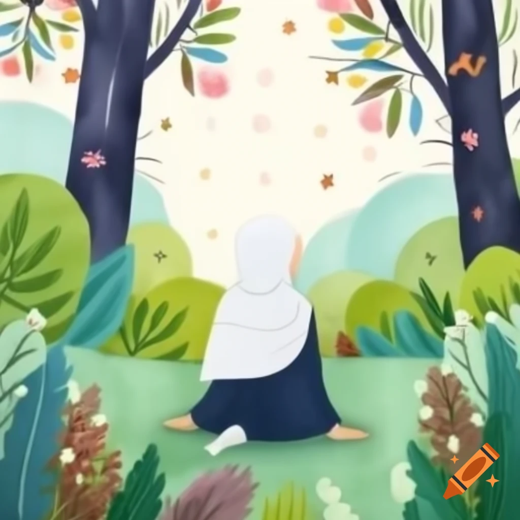 Girl in hijab sitting in vibrant flower-filled forest, watercolor style