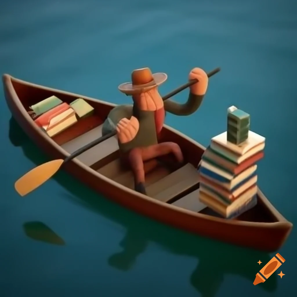 CGI man in canoe reading book with stacked books and "Bob's Book Canoe" signage