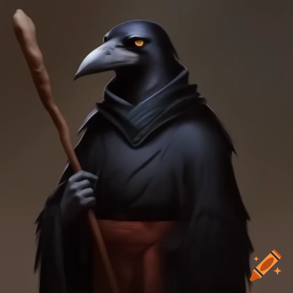 Raven monk holding a staff