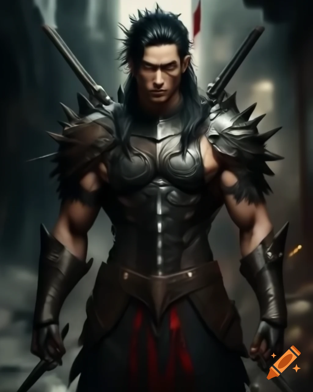 Tall muscular male in black plate armor with spikes and red highlights wielding a two-handed sword