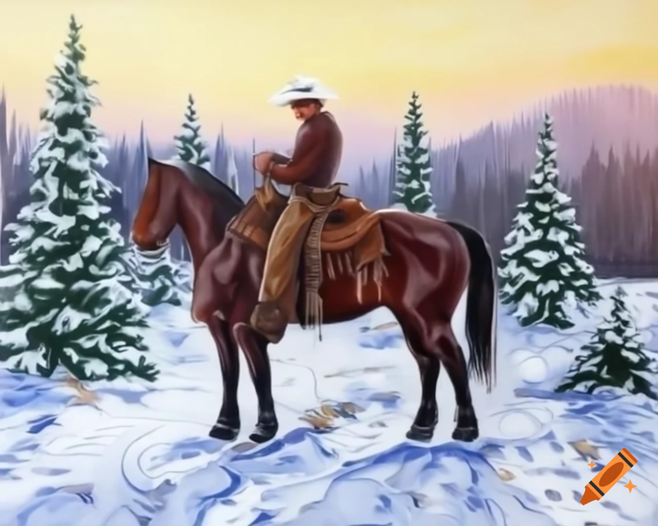 Cowboy examining Christmas tree in snowy field with horse at dusk