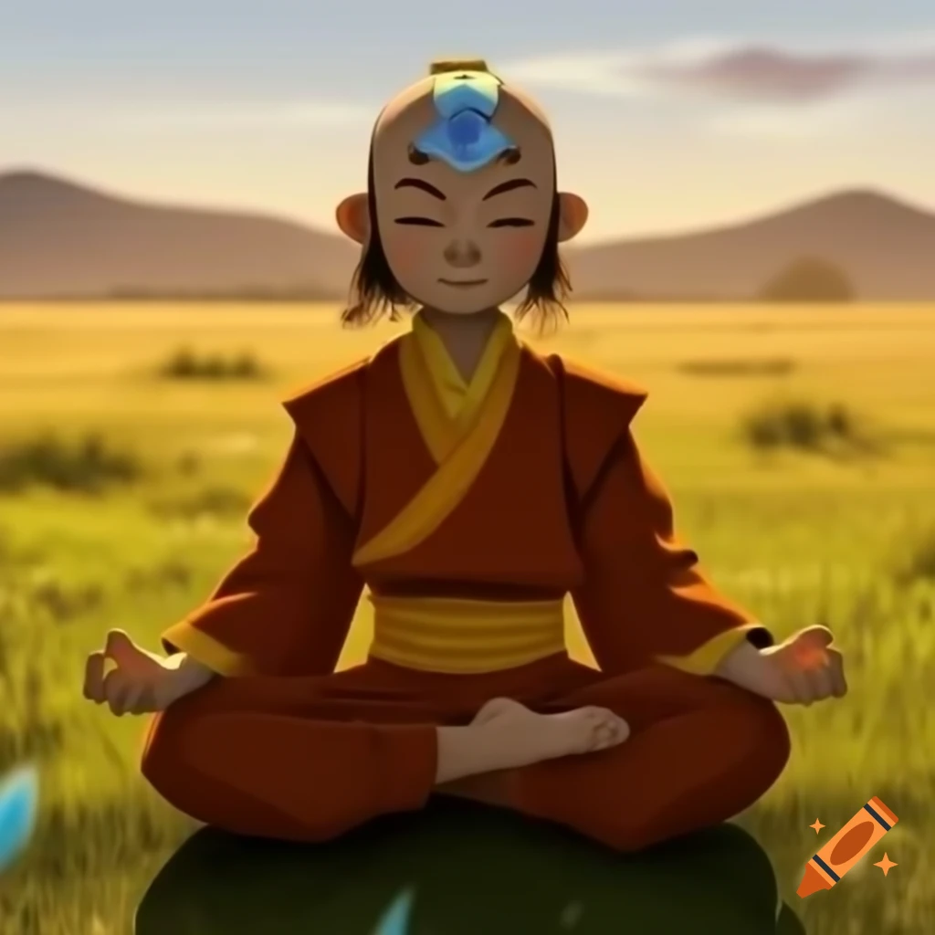 Meditating character in open field during sunrise inspired by avatar