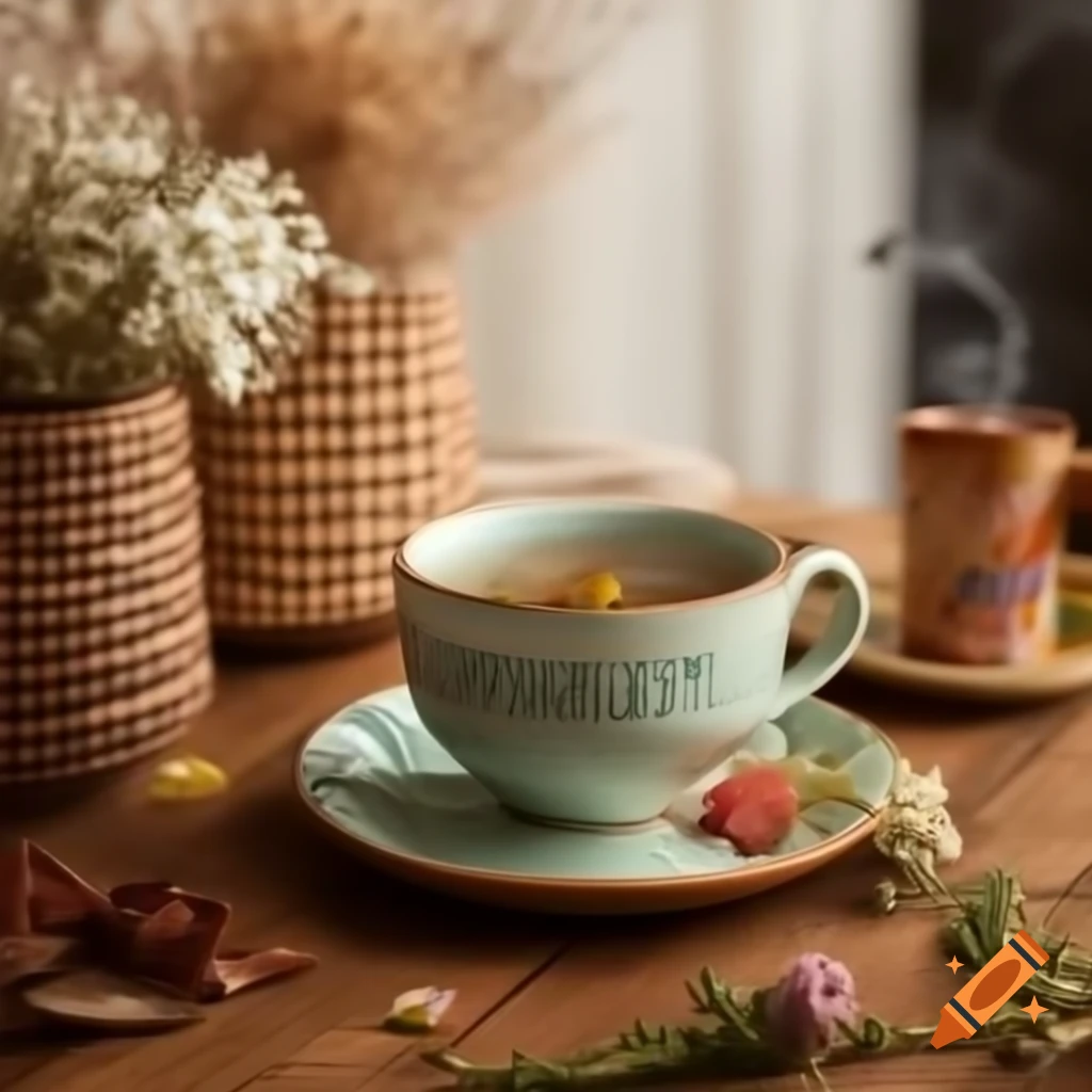 Cozy boho scene with ceramic cup of herbal tea surrounded by herbs and flowers