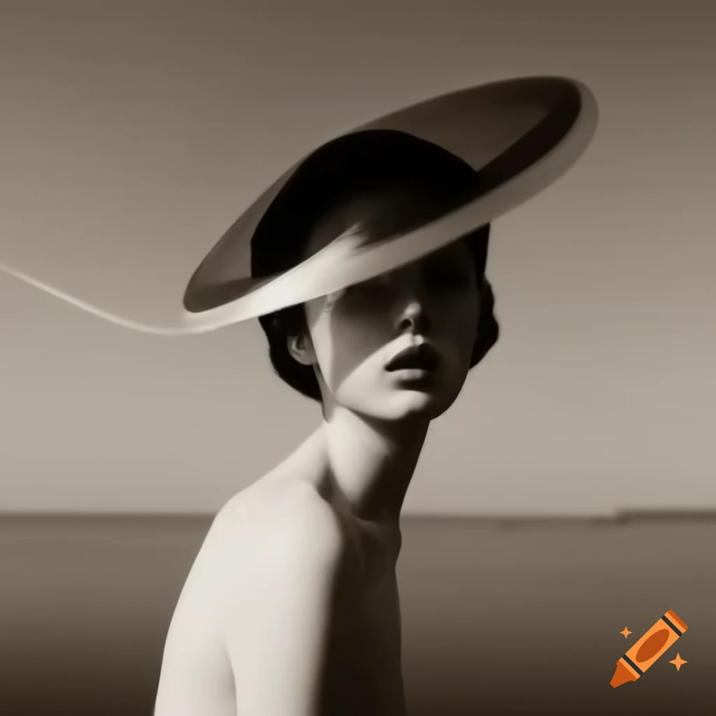 Surrealist artwork featuring white, black, grey, and sepia tones