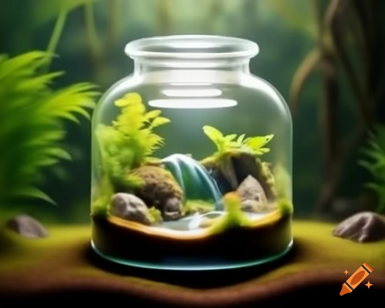 Ecosystem with terrarium, vegetation, and miniature lake