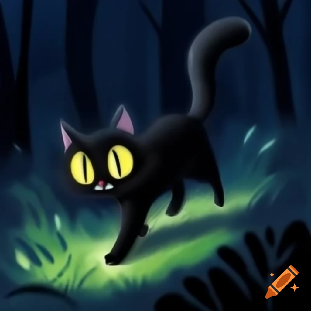 Black cat with yellow eyes walking in forest at night