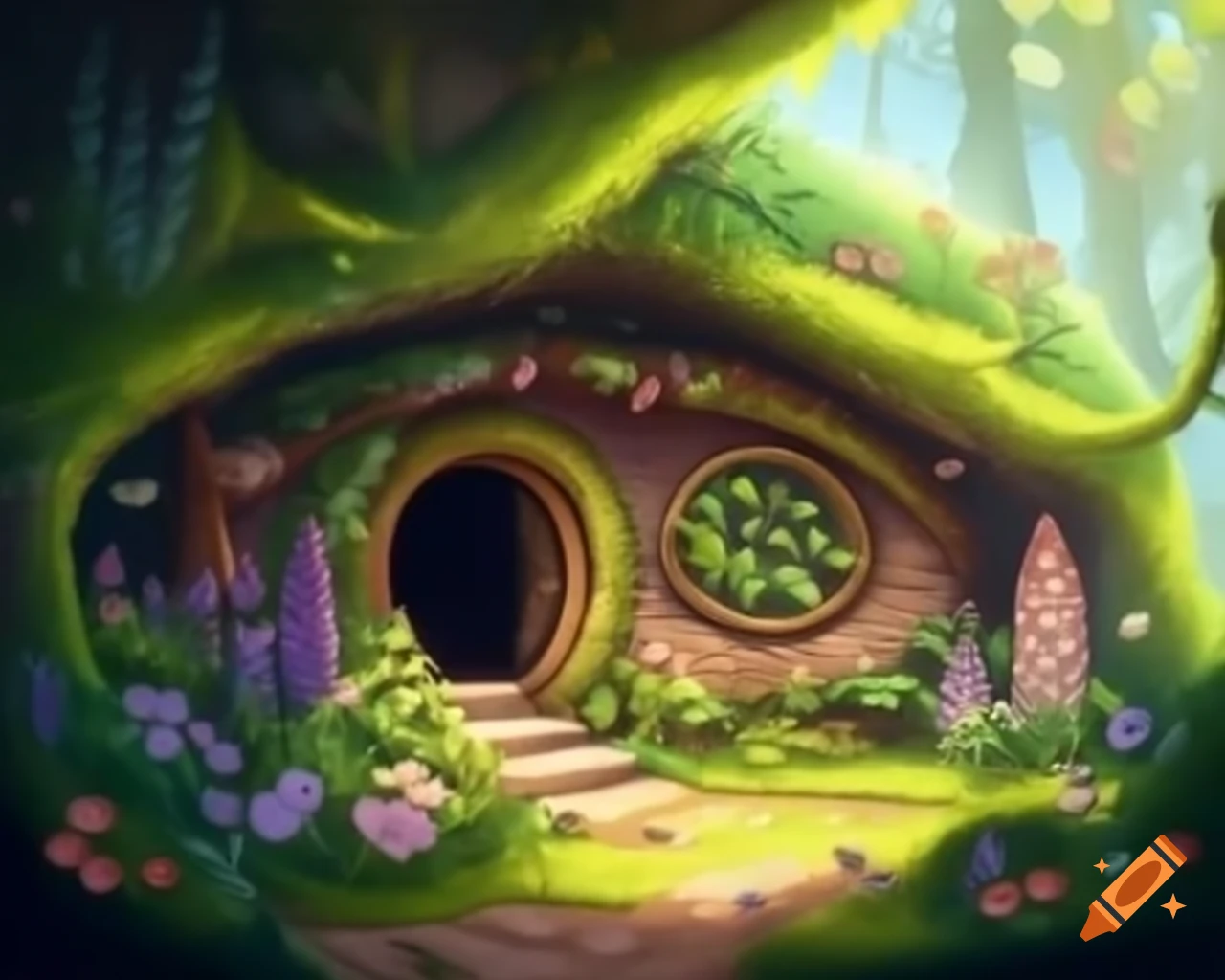 Cozy hobbit house in a cave with vines, plants, and flowers, realistic photography