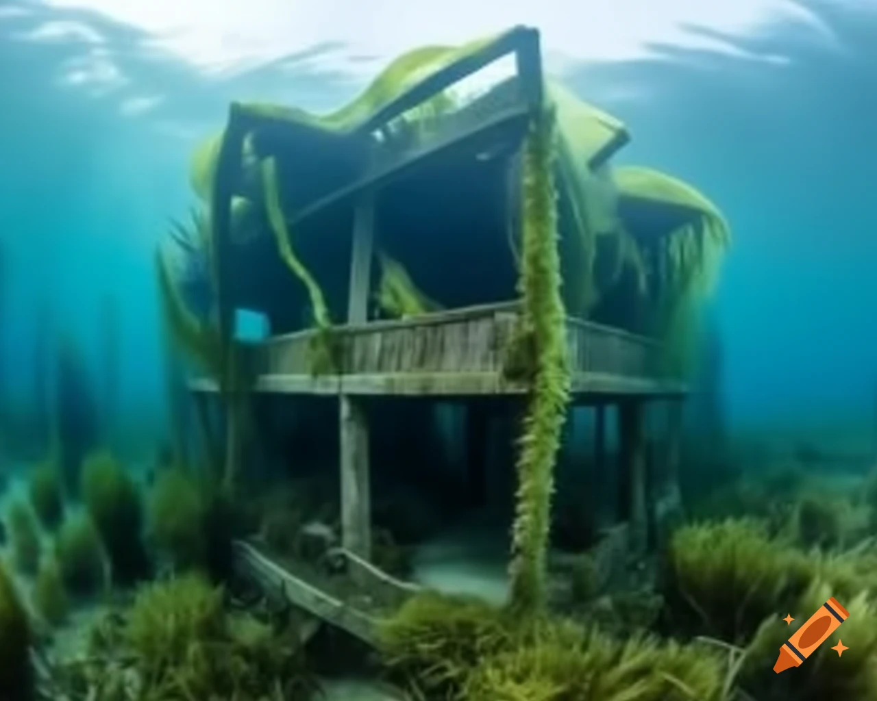 Mossy house surrounded by seaweed and marine vegetation, underwater photography