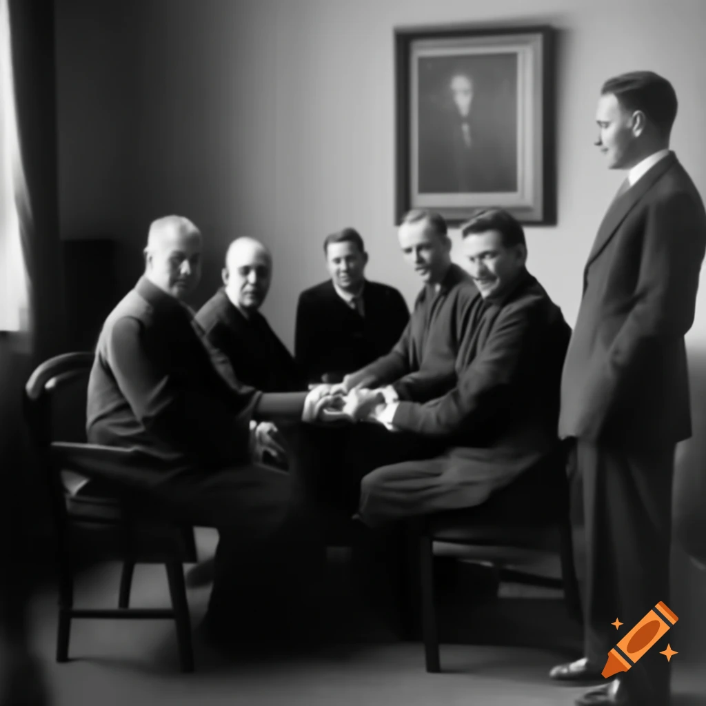 Grainy photo of men shaking hands in a room from the 1900s