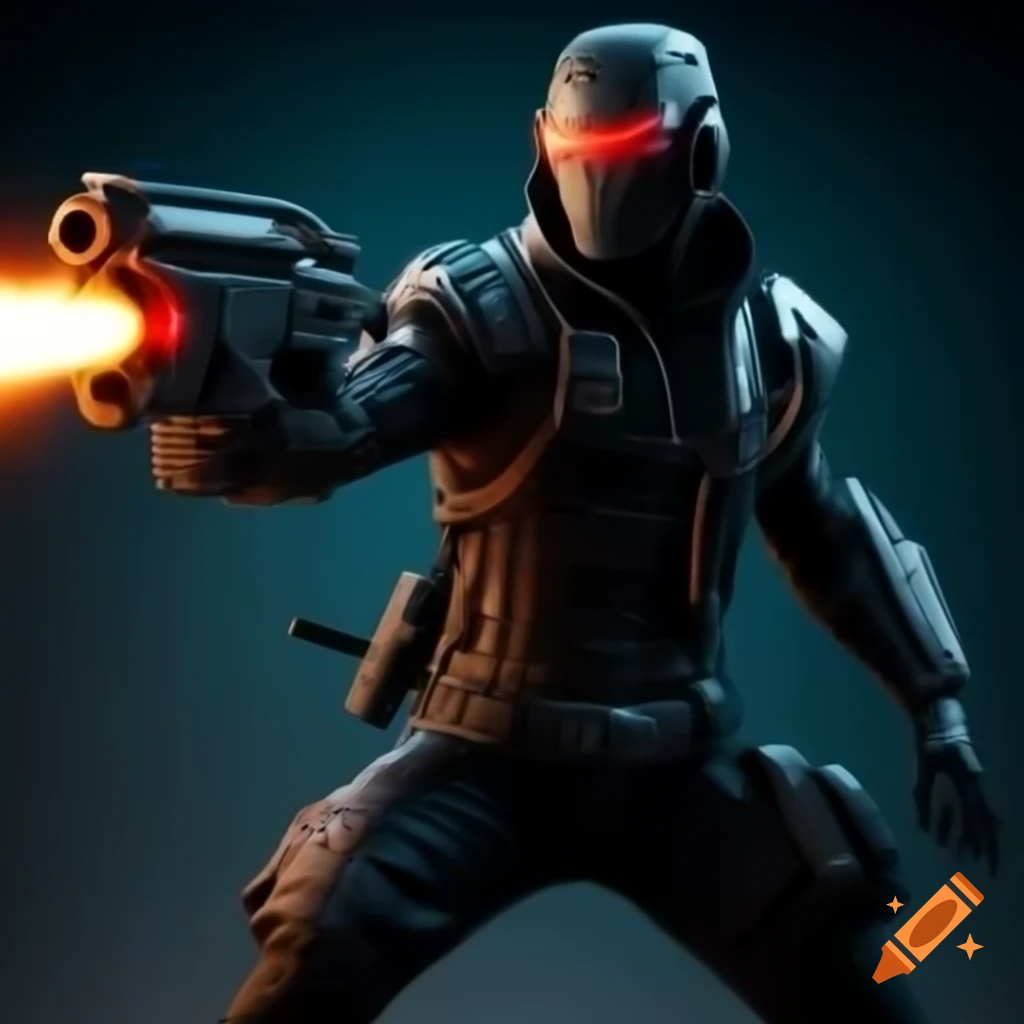 Futuristic cyber-ninja superhero firing laser gun in black outfit with katana