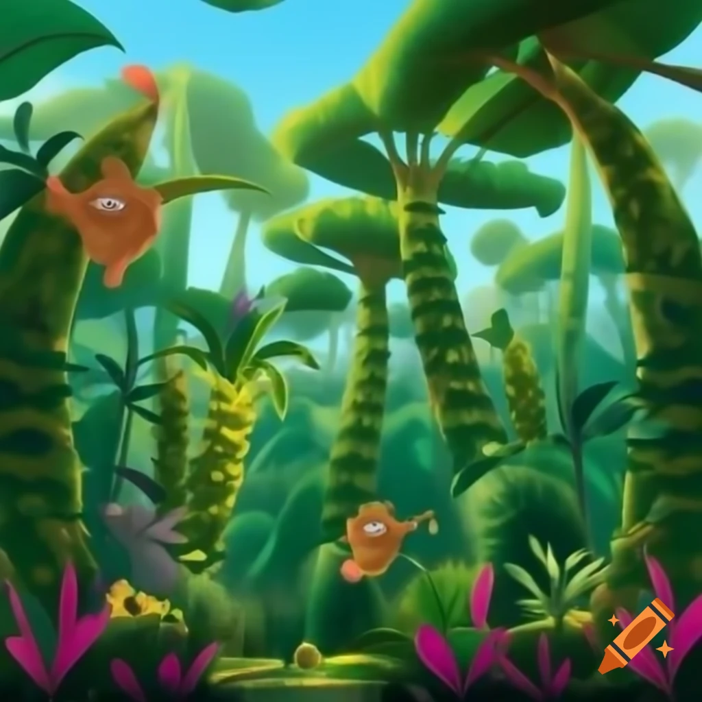 Vibrant jungle with tall trees and colorful plants, featuring a lion and an elephant