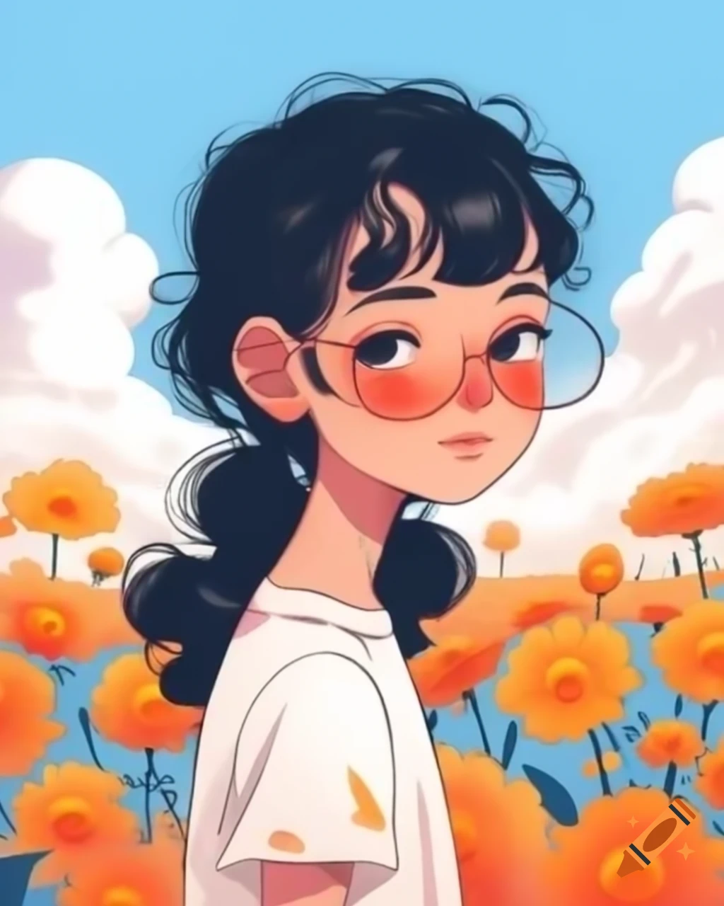 Young person in field of vibrant orange and white wildflowers wearing white t-shirt and sunglasses