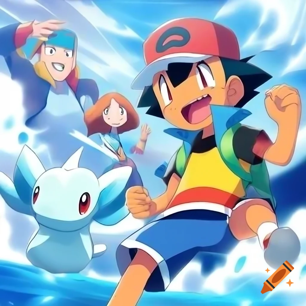 Ash Ketchum running with first-generation Pokémon, vibrant adventure scene