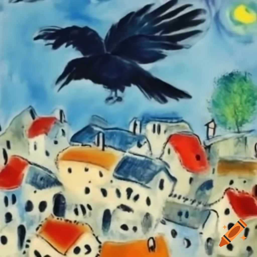 Crow flying over small French village in Marc Chagall style