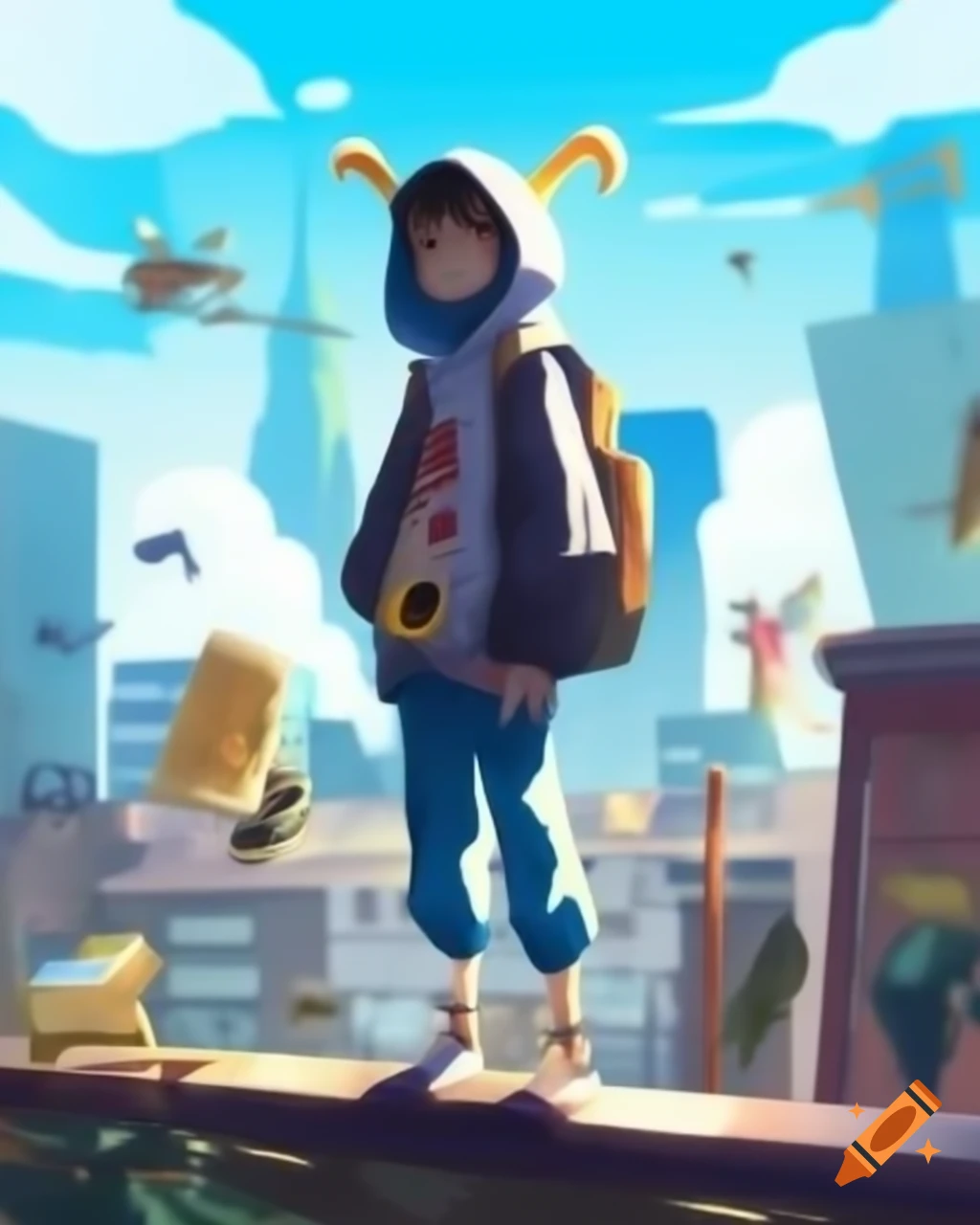 Young individual in casual clothing on skyscraper rooftop in bustling city