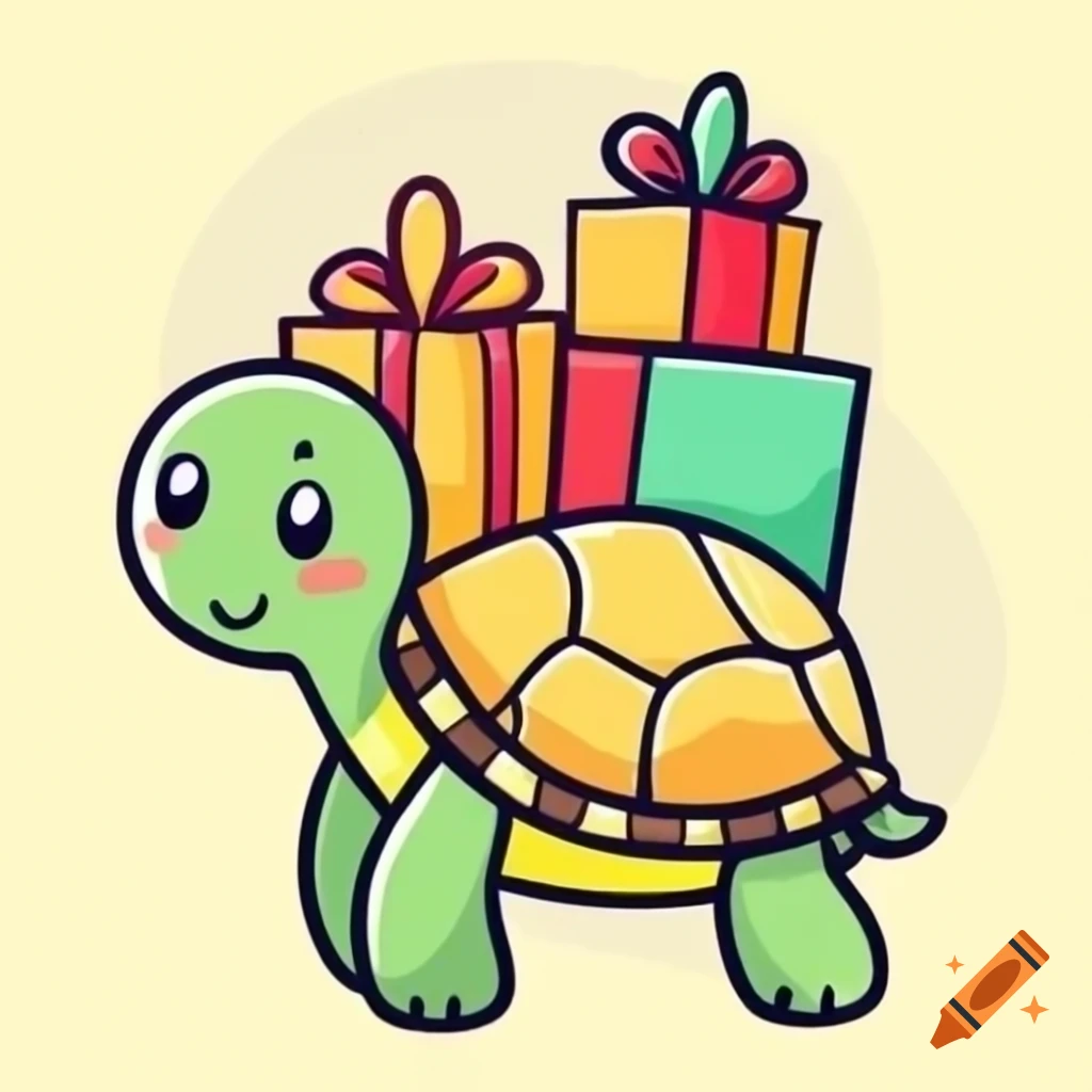 Turtle carrying Christmas gifts in a colorful drawing