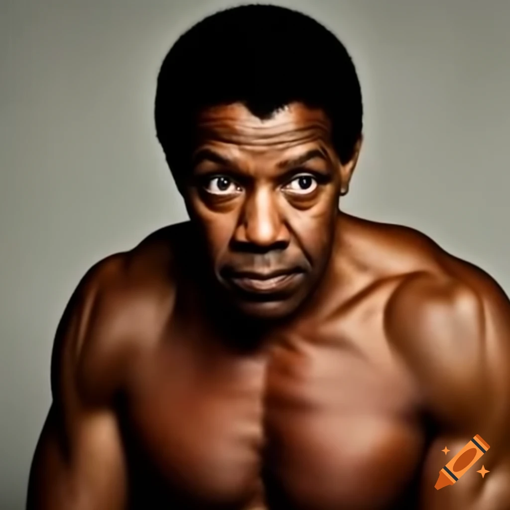 Exaggerated muscular physique of a male figure resembling an actor