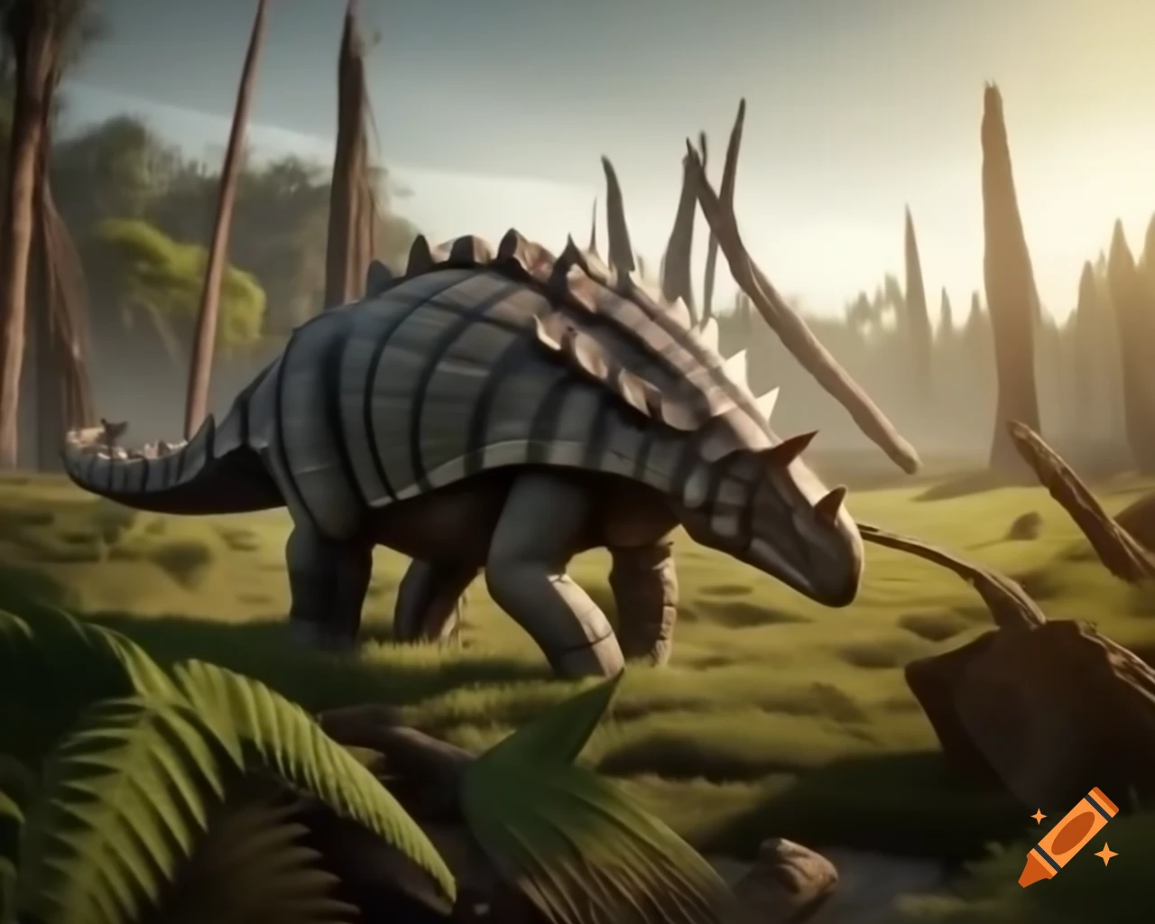 Ankylosaurus walking in prehistoric fern prairie under summer sunlight