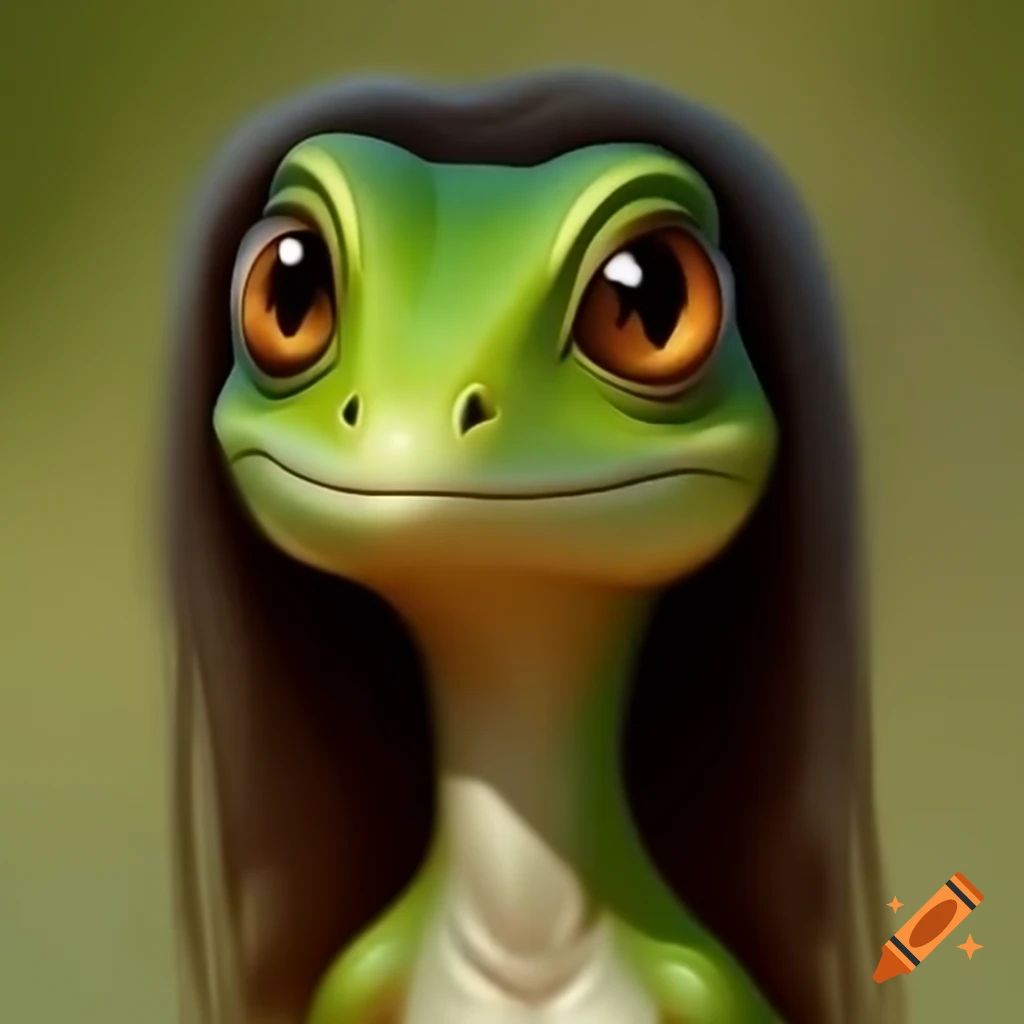Cartoon female lizard with long hair covering one eye
