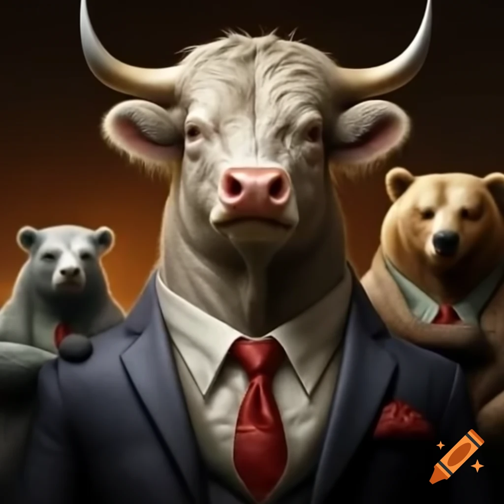 Bull and bear dressed in suits, symbolizing market finance