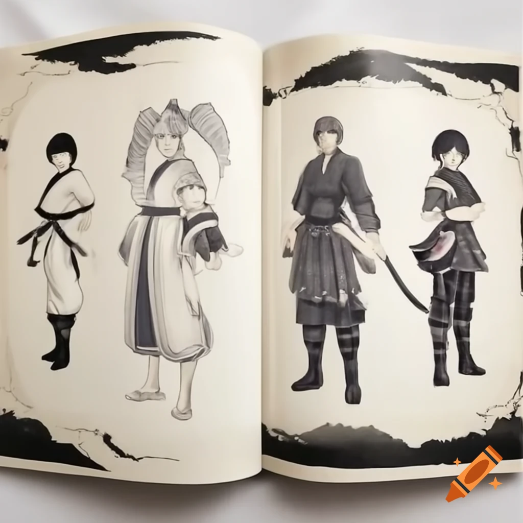 Artbook featuring character designs of young female warrior in karate kimono with Maya art inspiration