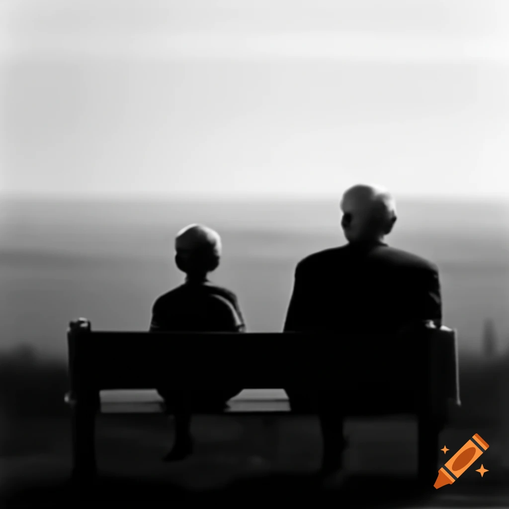 Child and grandfather sitting on a bench facing the horizon