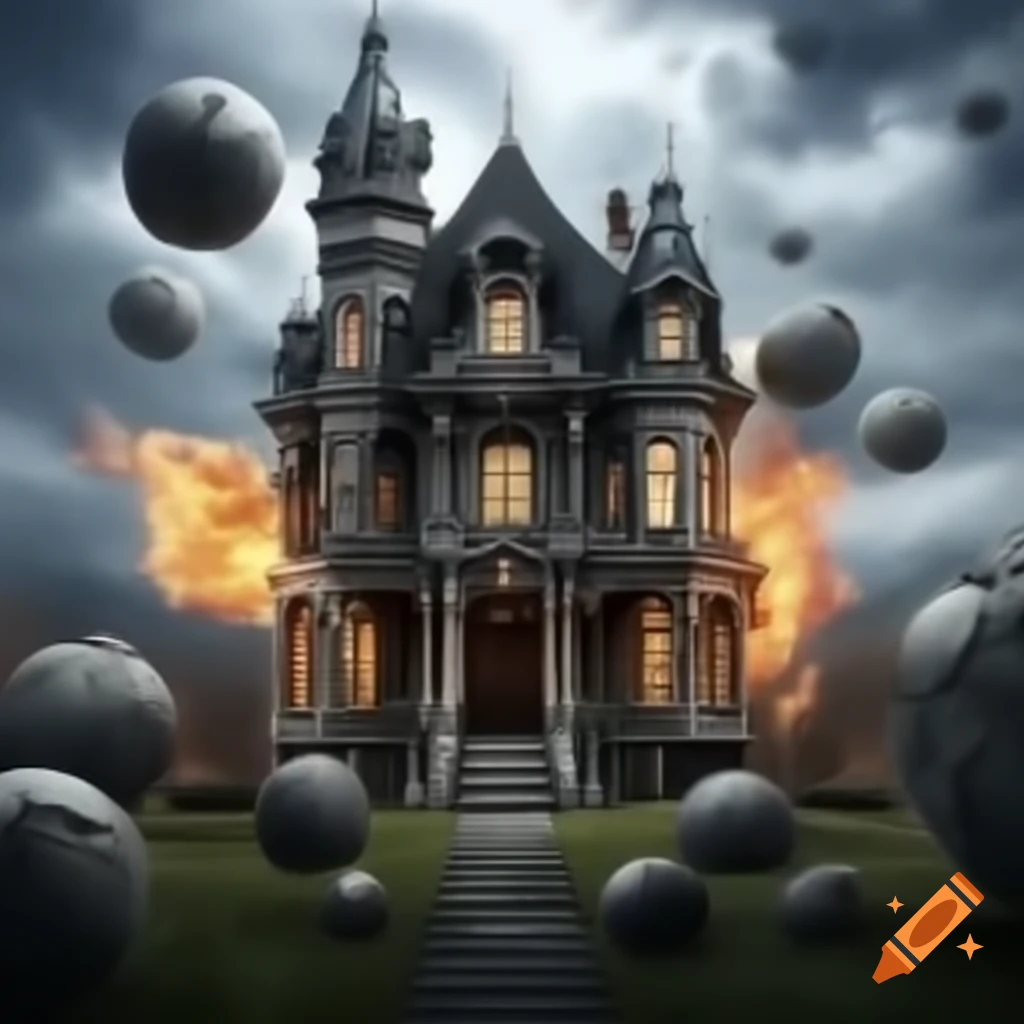 Victorian mansion with explosions in the background