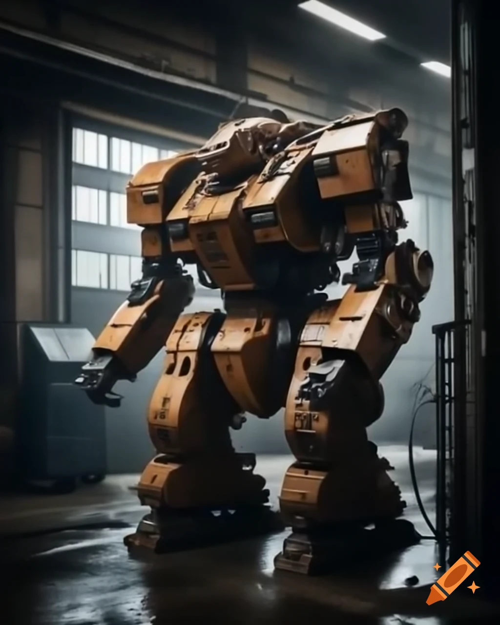 Mecha robot in garage with old man repairing, cinematic photography, hyper realistic details